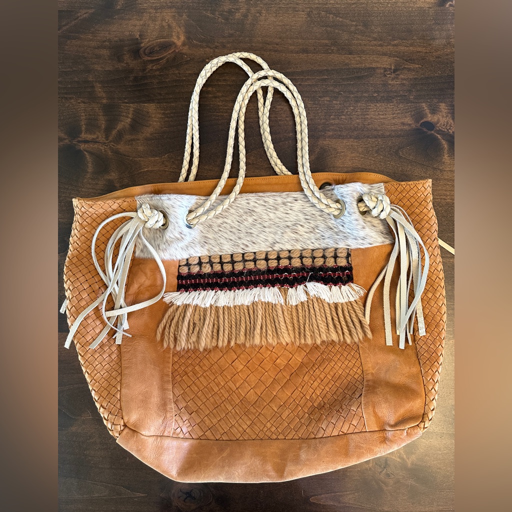 Anthropologie Tan Woven Leather Fringe Tote With Cream Accents